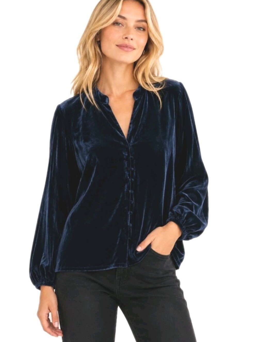 WHBM ~Woman Size XL~ Navy Blue Veloure Long Sleeve V-Neck Blouse Button Front.